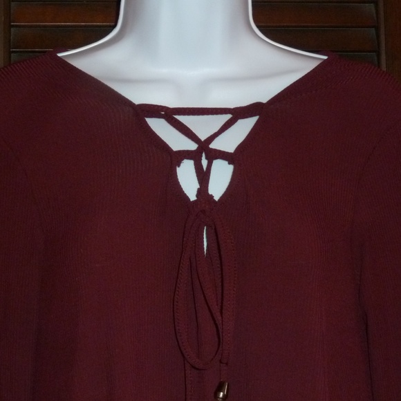 Dark Burgundy Tunic Top, Tie Front, Long Sleeve, M - Picture 4 of 7